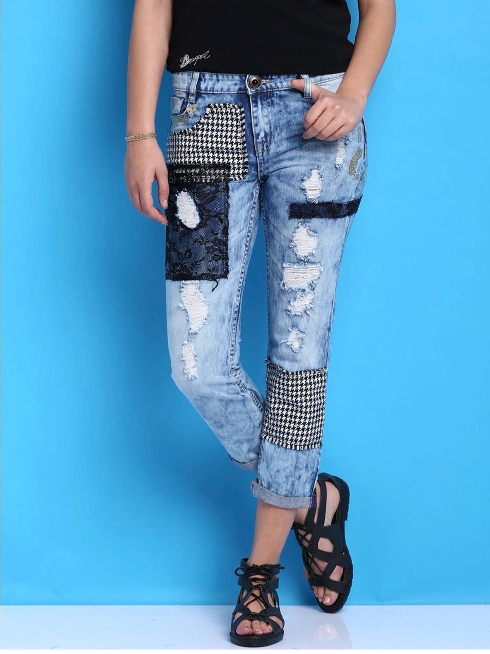 Desigual Distressed Patchwork Blue Houndstooth Boyfriend Jeans